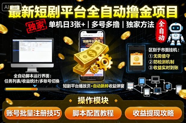 最新短剧平台全自动挂G撸金项目，单机一天3张+，多号多撸，区别于市面所有挂机项目，独家方法【揭秘】-萤火网创