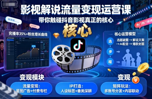 影视解说流量变现运营课，带你触碰抖音影视真正的核心-萤火网创