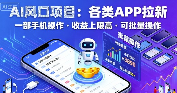 AI风口项目，各类APP拉新，一部手机就可以操作，收益上限高，可批量操作-萤火网创